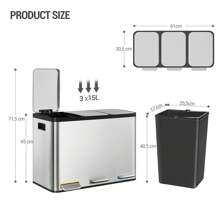 Hzuaneri Cubo de basura de cocina, sistema de separación de residuos 3 compartimentos 45L (3 x 15L), cubo de basura de cocina de acero inoxidable, cubo de basura con pedales de colores, cubo de basura silencioso de descenso lento, color plata