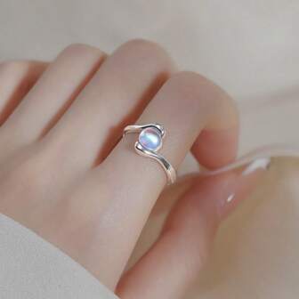 925 Silver Plated Oval Moonstone Ring, Adjustable Minimalist Chic Unisex Ring, Suitable For Casual Wear, Parties, Christmas, Birthdays, Gifts For Best Friends