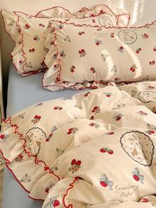 4pcs Lace Bedding Set, Soft & Comfortable Bedroom Linens, Lace Design, Cute Floral, Strawberry, Rabbit Pattern, Breathable & Soft All Season Bedding Set Including 1 Duvet Cover, 1 Bed Sheet, 2 Pillow Shams, No Filling, Suitable For Bedroom, Dorm, Home Use, Multiple Sizes Available - White - View 8