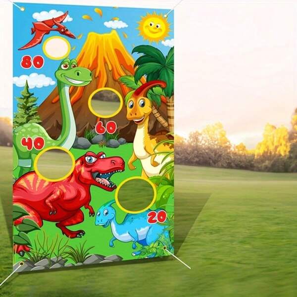 Dinosaur Themed Toss Game Banner, Realistic Dinosaur Party Cornhole Game Set With 4 Bean Bags, 4 Cornhole Holes For Indoor & Outdoor, Birthday Party Decor, Decorative Yard Hanging Banner