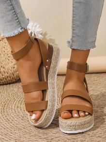 Women's Strap Buckle Sandals, Summer Casual Fashion Wedge Platform Sandals, Solid Color Bohemian Strappy Woven Shoes, Suitable For Spring & Summer