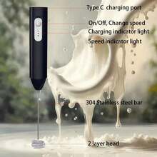 可充电USB奶泡器，手持式电动奶泡器，咖啡奶泡器，三档速度调节，迷你奶泡器兼饮品搅拌器，500mAh - 黑色 - 查看 3