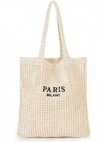 Knitted Woven Shoulder Bag, Versatile Photo Prop Beach Bag With Embroidered Hollow-Out Letter, Casual Travel Tote, Beach Necessities, Beach Essentials, Beach Stuff & Summer Essentials, Newest Holiday Bag - Multicolor - View 1