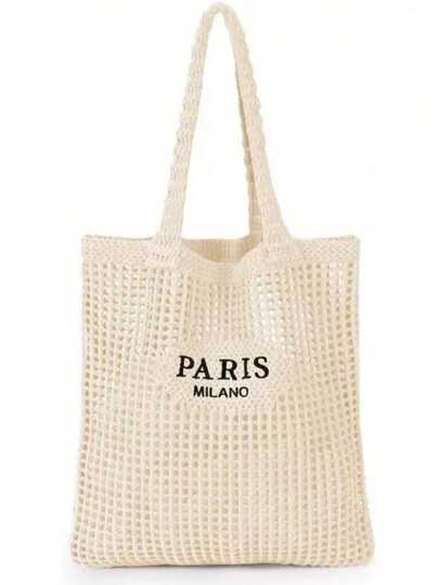 Knitted Woven Shoulder Bag, Versatile Photo Prop Beach Bag With Embroidered Hollow-Out Letter, Casual Travel Tote, Beach Necessities, Beach Essentials, Beach Stuff & Summer Essentials, Newest Holiday Bag