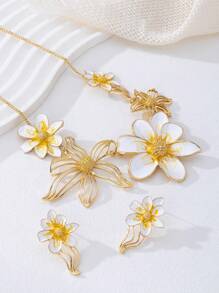 Conjunto de 3 peças de colar e brincos com pingente de flor esmaltada elegante, adequado para mulheres como uso diário ou presente de feriado