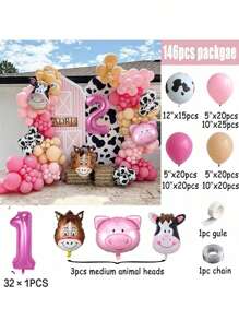 Conjunto de 146 piezas de decoración con arco y guirnalda de globos con tema de granja, incluye 40 pulgadas números del 1 al 9 de globos de aluminio rosas y globos con decoración de animales de granja para fiesta