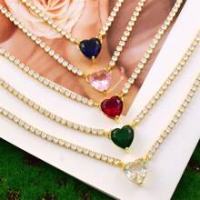 1 pieza Collar con colgante de corazón de acero inoxidable con circonita para mujeres, cadena clásica simple, colgante de ágata roja en forma de corazón, collar de clavícula elegante, joyería de celebridad de internet