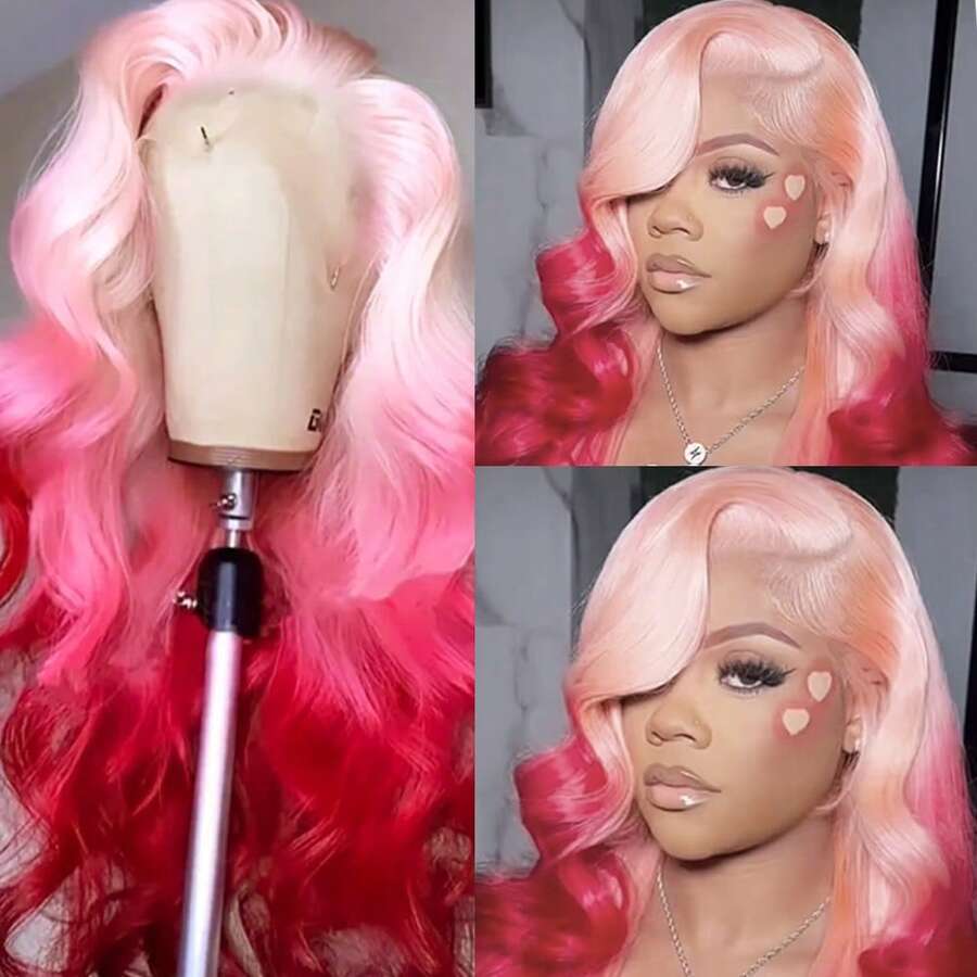 13x4 HD Lace Front Wig Ombre Pink Red Color Long Body Wave Synthetic Hair 180% Density Pre-Plucked Glueless Red Ombre Colored Long Wavy Hair 26 Inch Free Part Soft Natural Look For Women Versatile Styling Options - 漸層粉紅色 - 查看 1