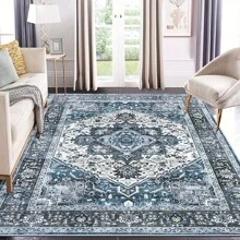 1 pieza Alfombra de área floral vintage azul, alfombra para sala de estar, alfombra para dormitorio, alfombra de oficina, de género neutro, bohemia, de granja, alfombra decorativa, decoración de dormitorio, alfombra pequeña, alfombra, decoración del hogar, alfombra para sala de estar, alfombra pequeña para sala de estar, alfombra para dormitorio, decoración del hogar para sala de estar, alfombra para exteriores, alfombra lavable