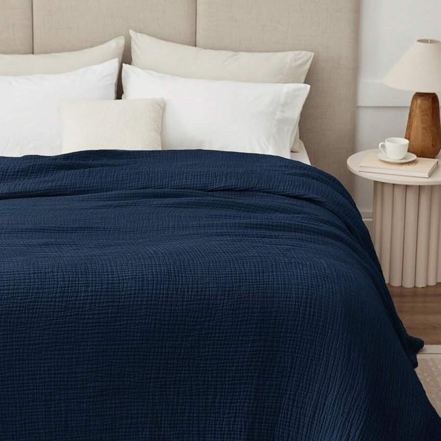 Large 50 X 70% Cotton Muslin 6-Layer Breathable Lightweight Throw Blanket Bed And Couch, Soft Quilt Bedspread, All-Season Gauze Blanket Adults, Lavender - 04 - 海軍 - 查看 1