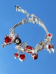 1条哥特风8球吊坠手链，1条豹纹手链，1条红樱桃手链，1条暗黑十字架吊坠手链，1条骷髅牙齿吊坠手链，派对/角色扮演手链 - 紅色 - 查看 15