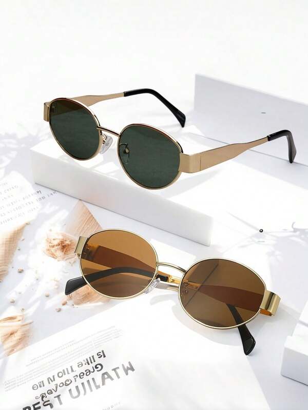 2 Stücke Metallrahmen Oval & Diamant Retro Mode Brille, stylisch für Männer & Frauen, geeignet für den täglichen Gebrauch, Reisen, Strand