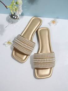 Lujos Sandalias tipo mulas de gran tamaño con puntera cuadrada y adorno de perlas, antideslizantes. Sandalias versátiles de moda para playa y vacaciones para mujeres