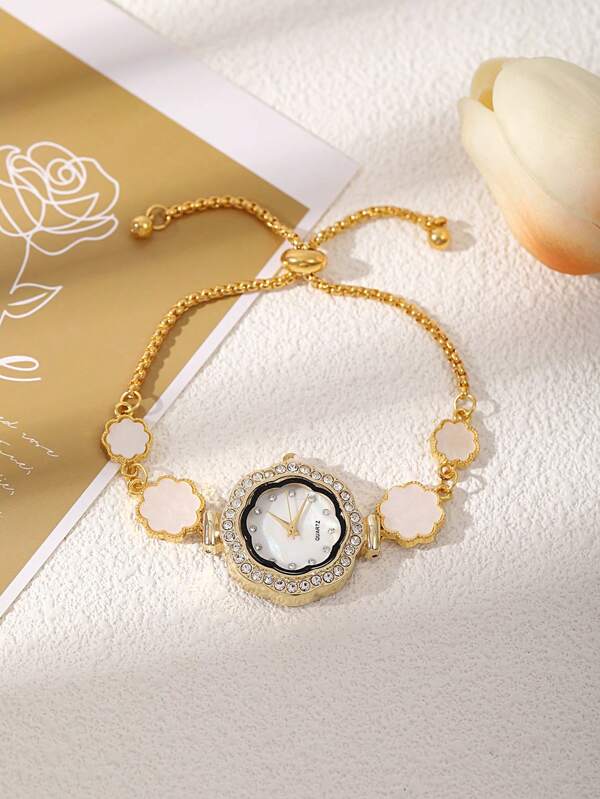 Women's Petal Diamond Studded Pull-Out Bracelet Rhinestone Sunflower Dial Ladies Elegant Quartz Bracelet Watch