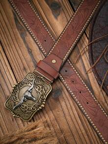 Pasek w stylu kowbojskim w stylu western, 1 szt., materiał PU z nadrukowanym wzorem, odpowiedni dla mężczyzn, kobiet i nastolatków, na co dzień i w stylu retro, pasujący do jeansów - wół - Zobacz 6