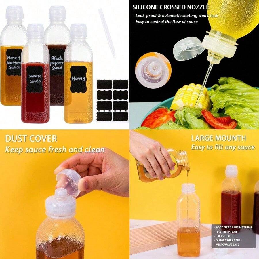 10oz Condiment Squeeze Bottles With Flip Top Lid 4 Pack Refillable Condiment Containers Ketchup Squeeze Bottles Leak Proof Dispenser For Syrup Oil BBQ Sauce With Labels Markers - Clear - View 1