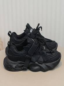 New Spring & Autumn Children Sports Shoes, Girls Comfortable Lightweight Hook And Loop Retro Chunky Sneakers, Boys Fashionable Versatile Running Shoes - Black - View 4