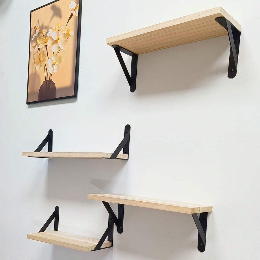 1/4 件乡村风格浮动搁板，木质壁挂式储物架，适用于浴室装饰、卧室、客厅和植物（自然色），农舍风格木质壁架，适用于卧室、客厅、浴室、厨房 - 黑色 - 查看 1