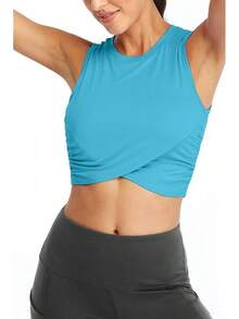 Sanutch Yoga Crop Tops Dance Tops Fitted Workout Crop Tops Yoga Tank Tops Athletic Sports Shirts For Women - 孔雀藍 - 查看 3