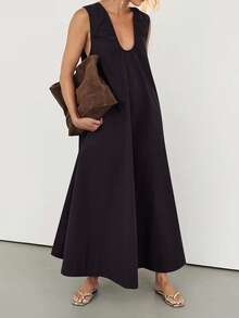 Women's Summer Long Tank Dress Solid Color Sleeveless Scoop Neck Ruched Wide Shoulder Loose Dress - 黑色 - 查看 6