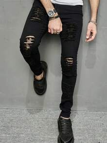 Men's Slim-Fit Black Ripped Jeans - Stretch Denim, Hip-Hop Street Style, Machine Washable - Black - View 2