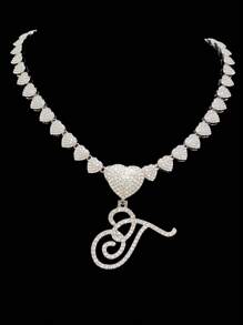 1pc Women's Letter Pendant Necklace With 20-Inch Fully Diamond Heart Necklace, Fashionable Retro Hip Hop Pendant Necklace, Elegant Valentine's Day Gift Suitable For Women And Girls For Daily Wear Or Parties