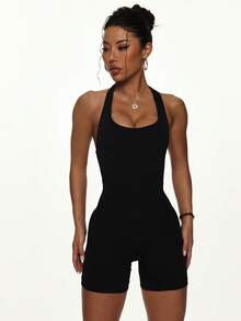 粉色性感交叉露背瑜伽连体裤 - 轻盈四向弹力健身连体裤，价格实惠的运动服，尺码涵盖欧盟/中东/加拿大（含关税价格 + 免运费）黑色夏季 - 黑色 - 查看 4