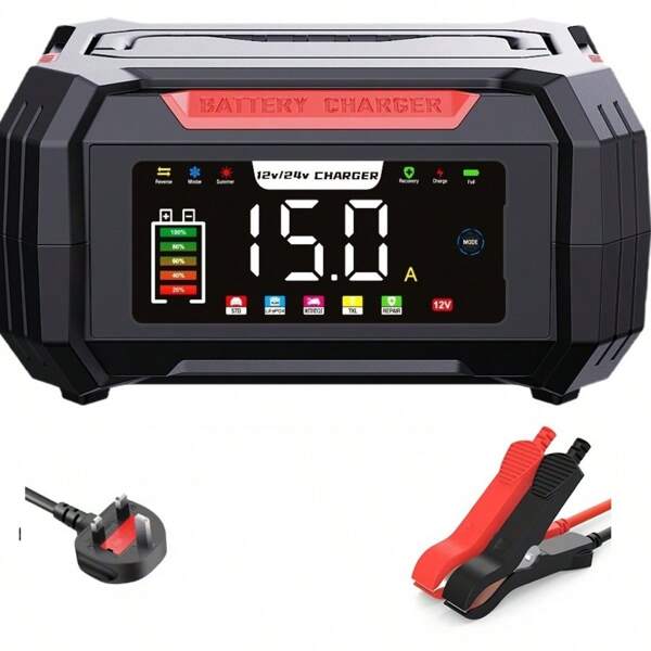 RJTianye 12V 15A 24V 8A 2Ah-200Ah Intelligentes Auto Batterieladegerät mit Temperaturkompensation, Autobatterieverteiler und Entsulfator