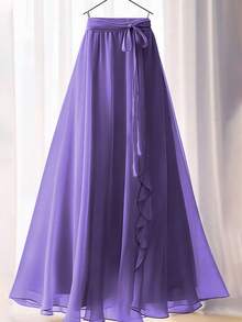 女士优雅高腰花朵蕾丝花边荷叶边 A 字长裙 - 紫色 - 查看 3