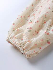 EARO 秋季新款女式衬衫，花卉印花V领设计，休闲宽松长袖衬衫 - 紅杏色 - 查看 6