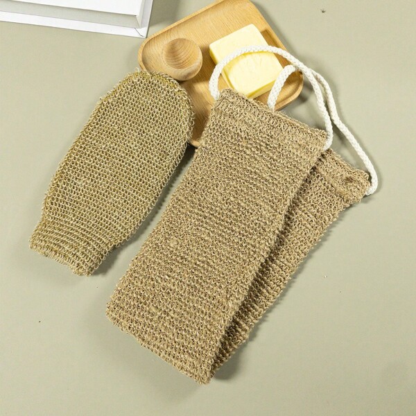 1 Set Badhandschuh und Rückenbürste, pflanzenbasierte natürliche Jute Körperpflege Peelinghandschuh und Rückenwäscher für tägliche Hautreinigung