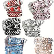 Cinturón de piel de imitación de unicolor con tachuelas, calavera y strass para mujeres y niñas, ideal para vaqueros y pantalones - Negro - Ver 1