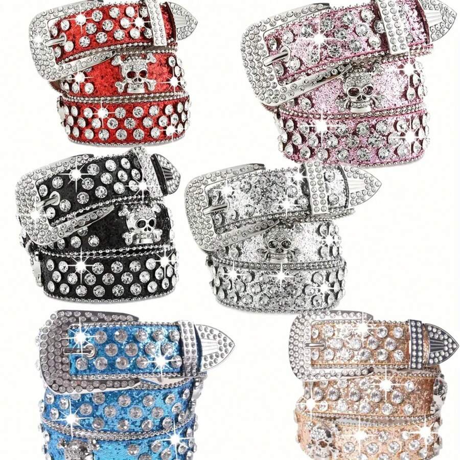 Cinturón de piel de imitación de unicolor con tachuelas, calavera y strass para mujeres y niñas, ideal para vaqueros y pantalones - Negro - Ver 1