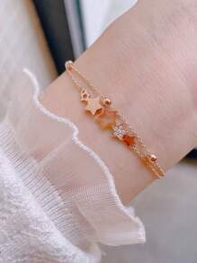 1 pieza Pulsera de cadena de doble capa con estrella de cinco puntas de zirconia cúbica elegante de plata esterlina S925 original, adecuada para uso diario, festivales, fiestas, regalo de joyas para mujeres