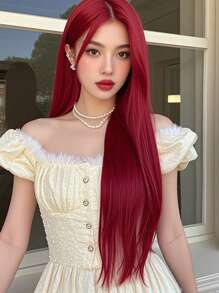 XYUNMI Sweet Red Long Straight Wig 26 Inch Multi-Layer Lightweight Breathable Women's Heat Resistant Synthetic Wig For Daily Wear Party Date Elegant Fashion Simple Costume Wig Role Play
