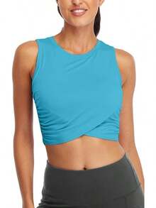 Sanutch Yoga Crop Tops Dance Tops Fitted Workout Crop Tops Yoga Tank Tops Athletic Sports Shirts For Women - 孔雀藍 - 查看 1