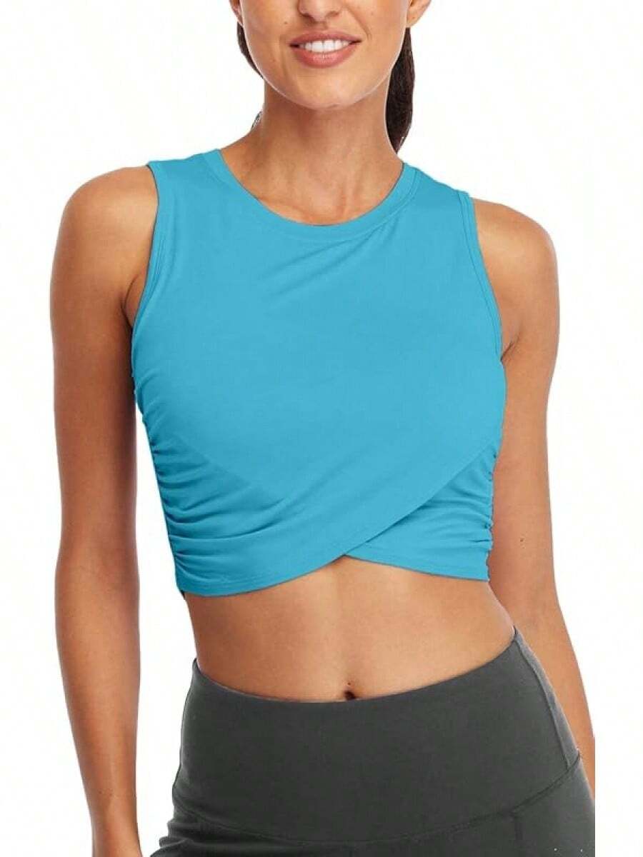 Sanutch Yoga Crop Tops Dance Tops Fitted Workout Crop Tops Yoga Tank Tops Athletic Sports Shirts For Women - 孔雀藍 - 查看 1