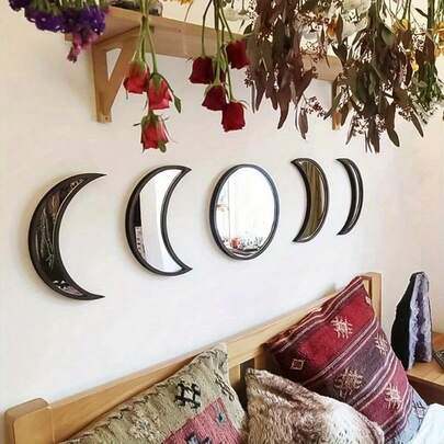 5pcs Moon Phase Mirror Set Scandinavian Natural Decor Wall Decorative Mirror Home Decor Bohemian Moon Mirror For Living Room Bedroom Acrylic Mirror Not Real Mirror Black Back To School Room Decor School Supplies