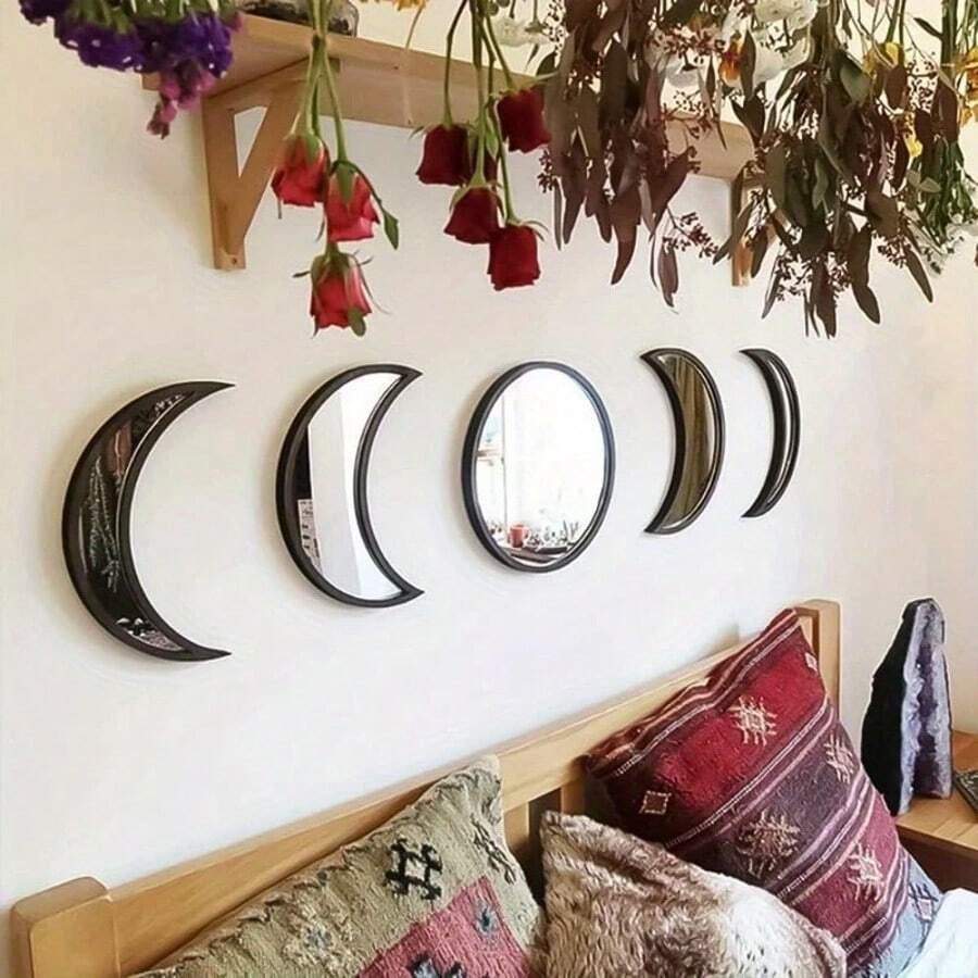 5pcs Moon Phase Mirror Set Scandinavian Natural Decor Wall Decorative Mirror Home Decor Bohemian Moon Mirror For Living Room Bedroom Acrylic Mirror Not Real Mirror Black Back To School Room Decor School Supplies - 黑色 - 查看 1