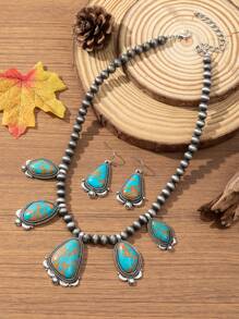 1 Set de collar y aretes de mujer, estilo bohemio retro, de aleación de zinc con cuentas, adecuado para combinar con atuendos, uso diario y vacaciones