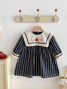 Toddler Girls' Korean Style Navy Collar Striped Long Sleeve Dress, Autumn - màu đen - Xem 2