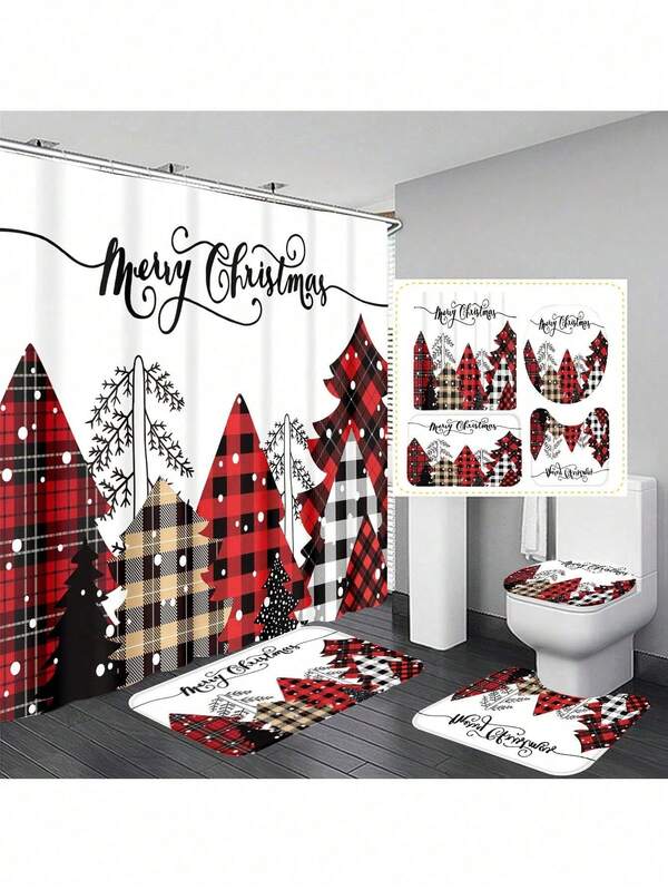 1 Set/4 Pcs Christmas Tree Multifunctional Bathroom Decor Set, Including Waterproof Shower Curtain, 12 Hooks, Non-Slip Mat, U-Shaped Floor Mat, Round Toilet Seat Cover, Suitable For All Bathroom Scenarios, Summer Bathroom Accessories, For Wedding, Birthday Party, Events, Valentine's Day, Scene Setting, Christmas, Holidays, Indoor Decoration, Living Room Decor, Bedroom Decor