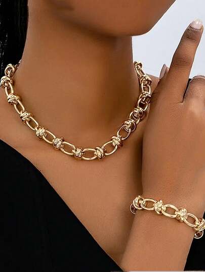 2pcs Exaggerated Heavy Metal Chunky Cuban Chain Necklace For Women Punk Charm Hand Bracelets Grunge Jewelry Set Steampunk Men Couple