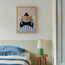 1 Pieza, Arte de Pared, Póster Vintage, Impresión de Mujer Leyendo en la Cama, Imagen con Rayas Azules y Fondo Rosa, Decoración de Sala de Estar, Decoración de Dormitorio Estética, Regalo de Inauguración de Casa, Regalo para Amantes de los Libros, Sin Marco - Multicolor - Ver 4