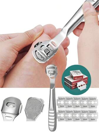 13/12/10pcs, Professional Stainless Steel Hard Skin Hand And Foot File, Hand And Foot Care Pedicure Callus Set, Heel Remover, Hand And Foot Pedicure Razor Tool, Razor Stainless Steel Handle 10 Blades Foot Care Tool
