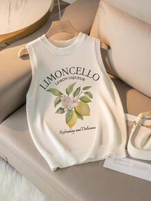Summer New Round Neck Women Vest Lemon Pattern Print ,White Summer T Shirts,Simple Stylish,Suitable For Commuting,Summer Women Tops - trắng - Xem 2