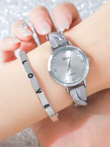 DISU 1 Pair Disus Women Stainless Steel Diamond-Studded Quartz Watch With Classic Silver Band & 1 Gold "Love" Bracelet, Suitable For Daily Wear
