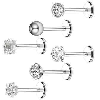 6Pcs Stainless Steel Internally Threaded CZ Nose Studs Rhinestone Lip Rings Cartilage Earring Piercing Jewelry For Nose/Tragus/Conch/Helix/Cartilage/Lip For Women Men (8mm)