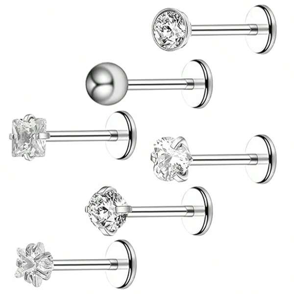6Pcs Stainless Steel Internally Threaded CZ Nose Studs Rhinestone Lip Rings Cartilage Earring Piercing Jewelry For Nose/Tragus/Conch/Helix/Cartilage/Lip For Women Men (8mm)