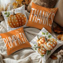 4PC Orange Polka Dot Pumpkin Text Throw Pillow Cover (17.71inx17.71in) Modern Style, Comfortable Pillow Cover, Suitable For Farm, Living Room, Sofa, Bedroom Furniture Decoration, Office Decoration, Best Gift (Pillow Insert Not Included) (Printed On One Side)